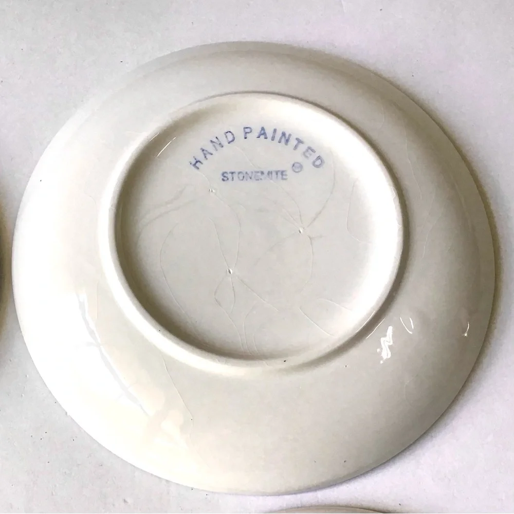 Stonemite Plates 4 Salad Dessert Appetizer 7.5” Hand Painted Yellow Green Leaf